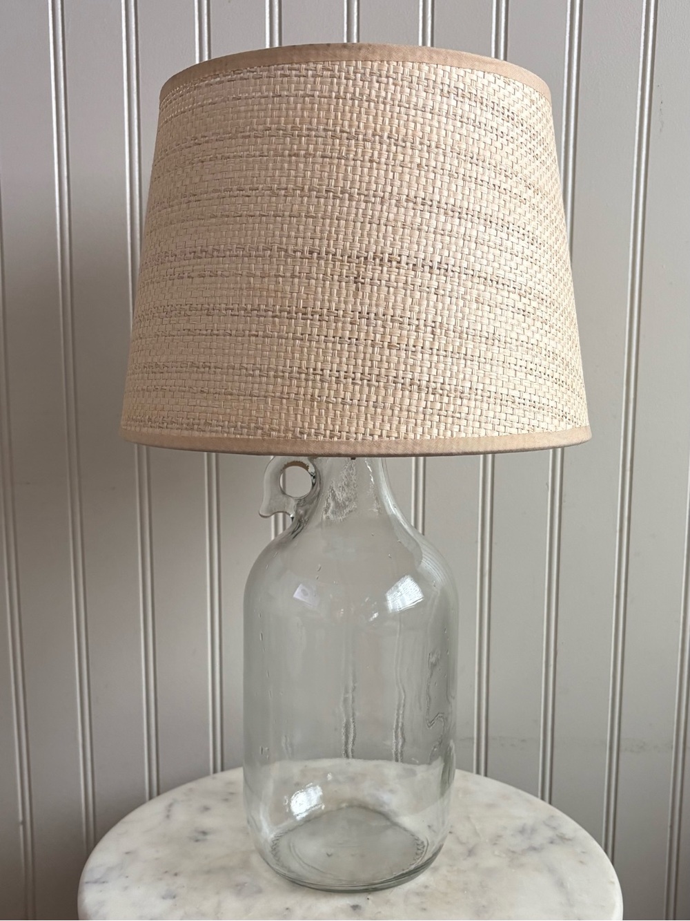 Custom Clear Glass Jug Table Lamp w/Tan Woven Drum Shade Beach Nautical Upcycled